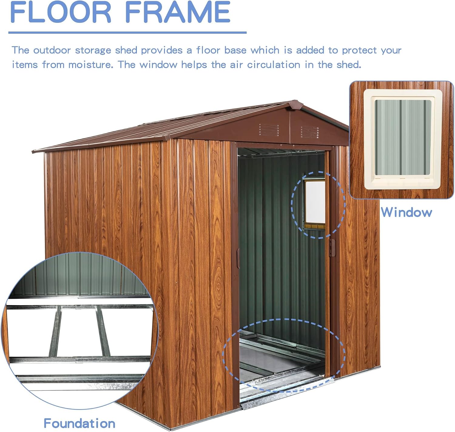 6 x 6 FT Outdoor Storage Shed, Metal Garden Shed with Floor Frame, Tool Shed Outdoor Storage with Lockable Sliding Doors & Window & Air Vents, Storage House Waterproof for Backyard, Lawn, Coffee