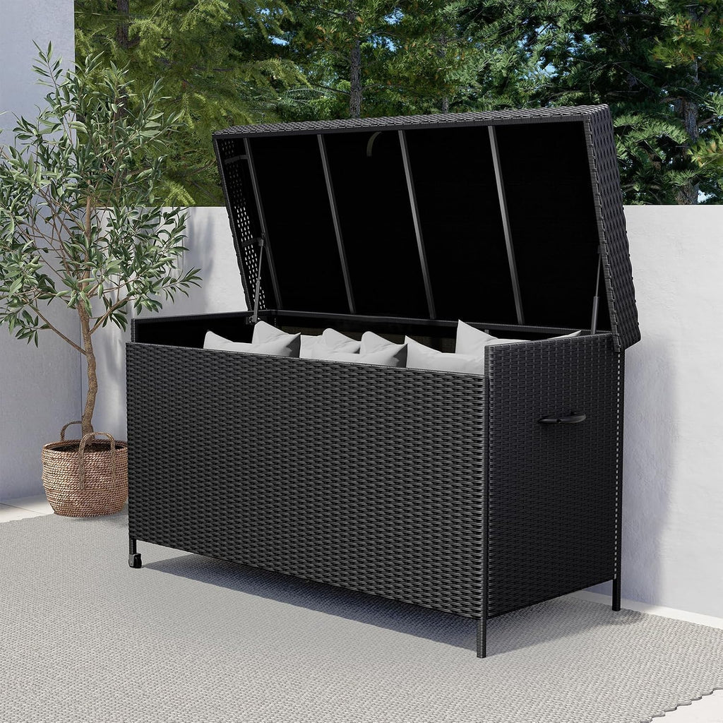 Grand 170 Gallon Deck Storage Bin - Outdoor/Indoor Wicker Storage for Patio Furniture Cushions, Garden Tools, Pool Accessories - Black