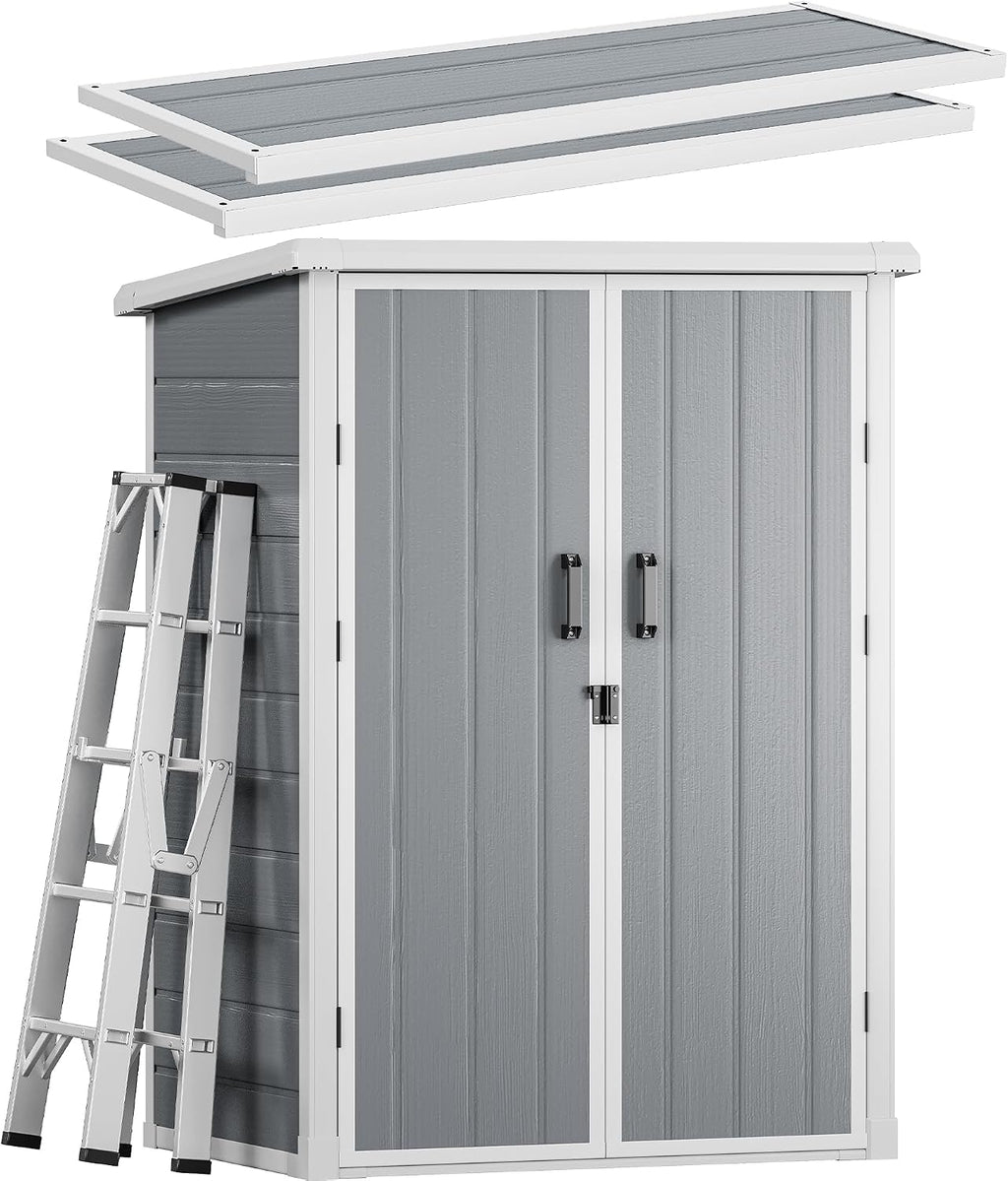 DWVO Outdoor Tall Storage Shed 60 Cuft with 2 Shelves, 5X3FT Vertical Tool Shed with Floor & Lockable Doors, Sturdy Double-Wall Plastic Cabinet for Garbage Cans and Garden Storage