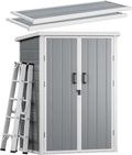 DWVO Outdoor Tall Storage Shed 60 Cuft with 2 Shelves, 5X3FT Vertical Tool Shed with Floor & Lockable Doors, Sturdy Double-Wall Plastic Cabinet for Garbage Cans and Garden Storage
