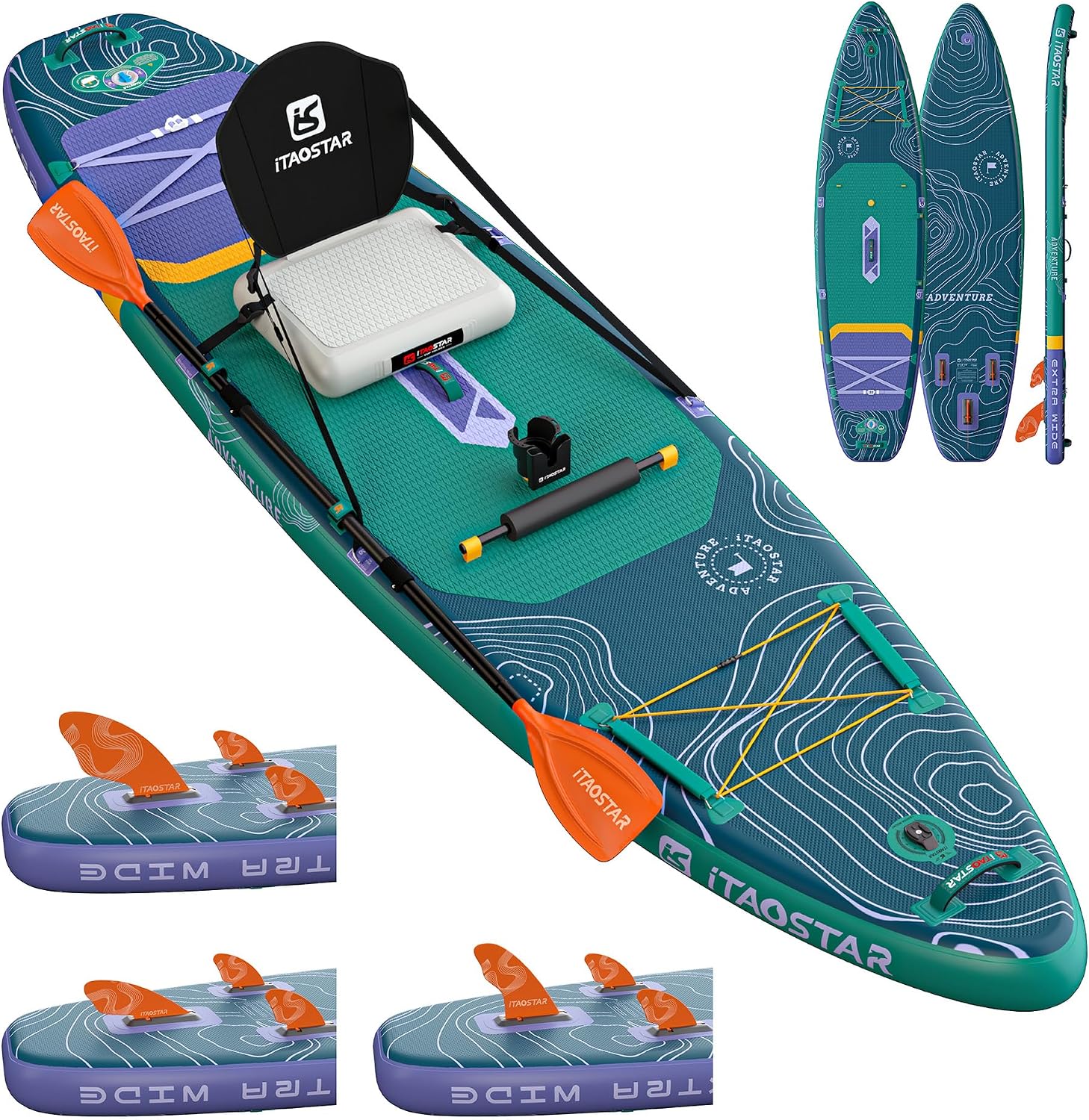 iTAOSTAR Adventure 12' × 35'/39' Inflatable Stand Up Paddle Board with Seat, Extra Wide SUP Board with 5 Fins Stable Design for Adults, Youth, All Skill Levels, Lakes, Oceans & Fishing