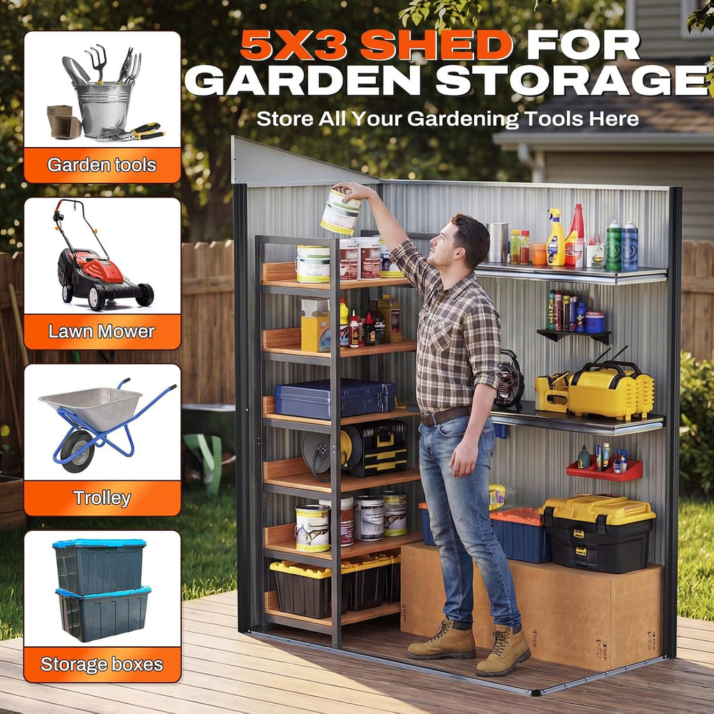 Quictent 5x3 FT Outdoor Storage Shed, Metal Garden Tool Shed with 2-Way Sloping Roof & 28' Wide Lockable Door, Waterproof Galvanized Steel for Backyard Garden Patio Lawn, Dark Gray