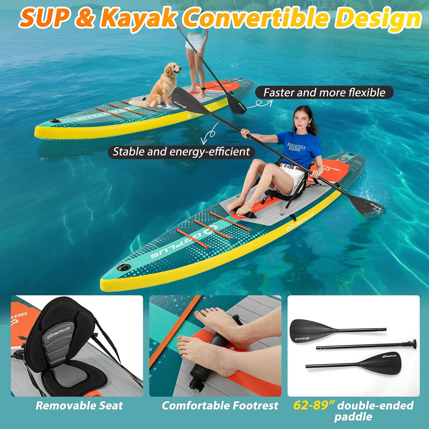 Goplus Inflatable Stand Up Paddle Board for Adults, 11FT SUP w/Premium Kayak Seat, Adjustable Paddle, Leash, Hand Pump, Repair Kit, Waterproof Phone Pouch, Backpack, Non-Slip Deck