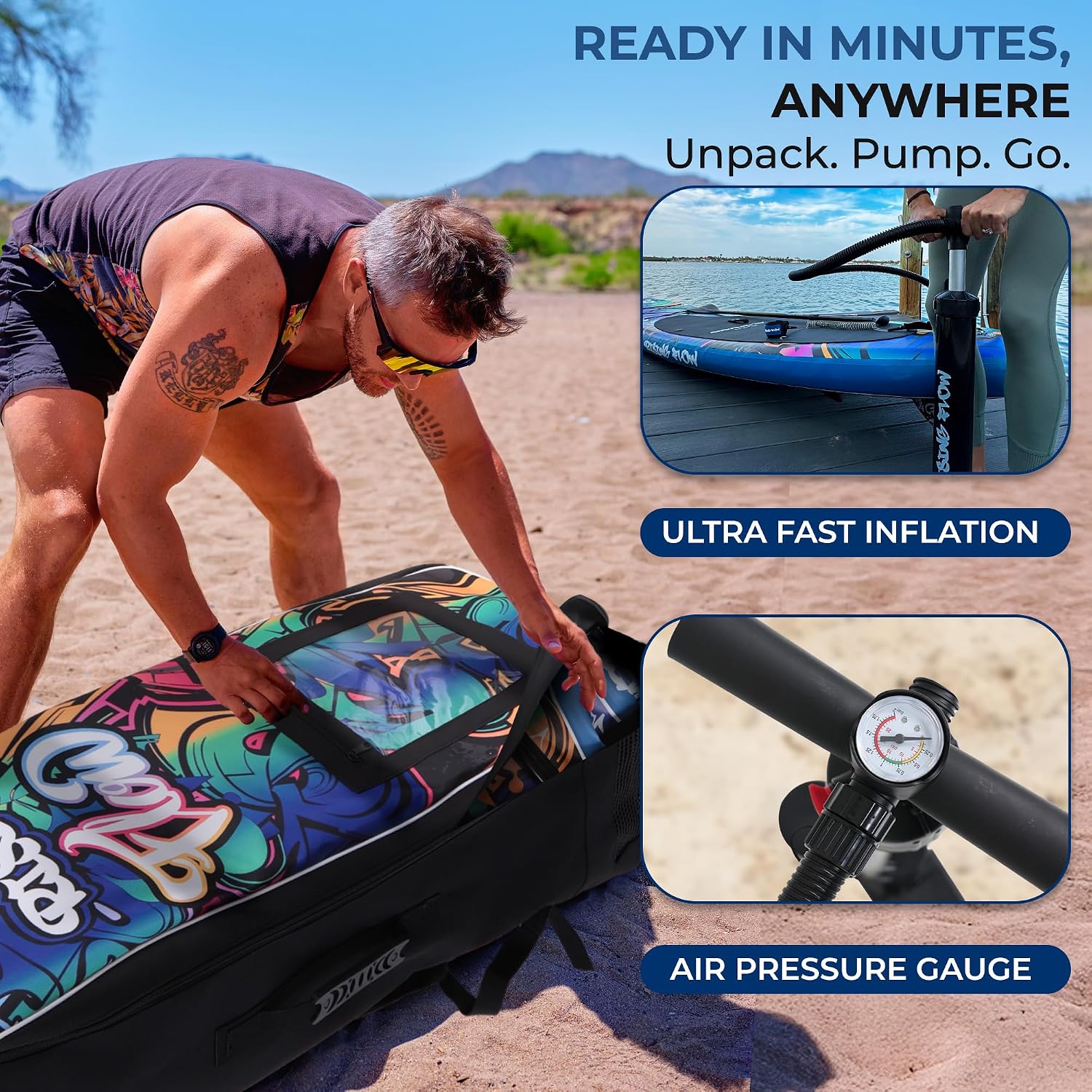 SereneLife Inflatable Stand Up Paddle Board - Wide Stable Design, Non-Slip Deck for Adults & Youth with Premium Paddle Board Accessories: Carry Bag, Dual Action Pump, Paddle, Ankle Leash