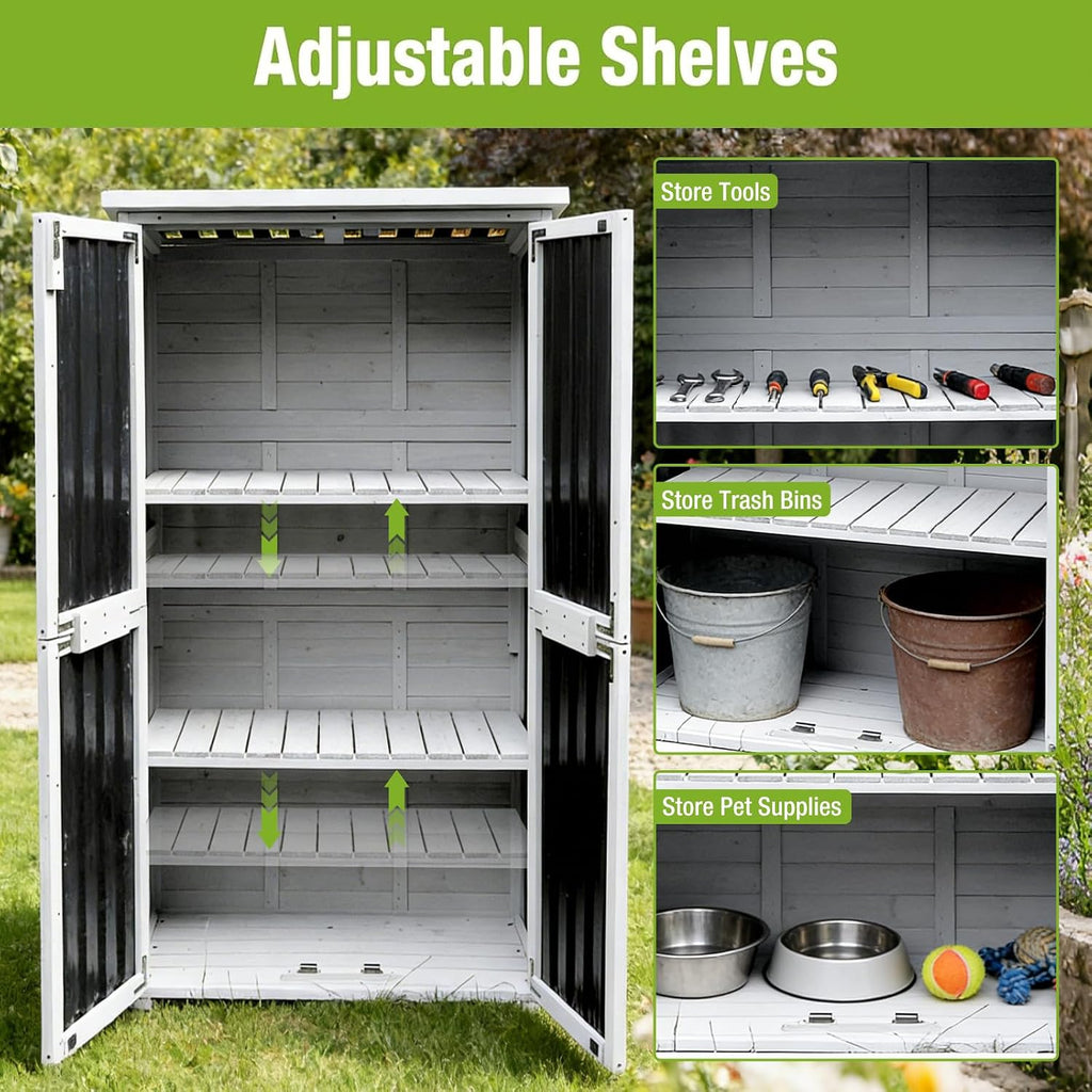 Outdoor Storage Shed with Metal Frame, Garden Sheds with Waterproof Resin Panel and Roof, Garden Tool Cabinets with Adjustable Shelves and Elevated Floor (Black)
