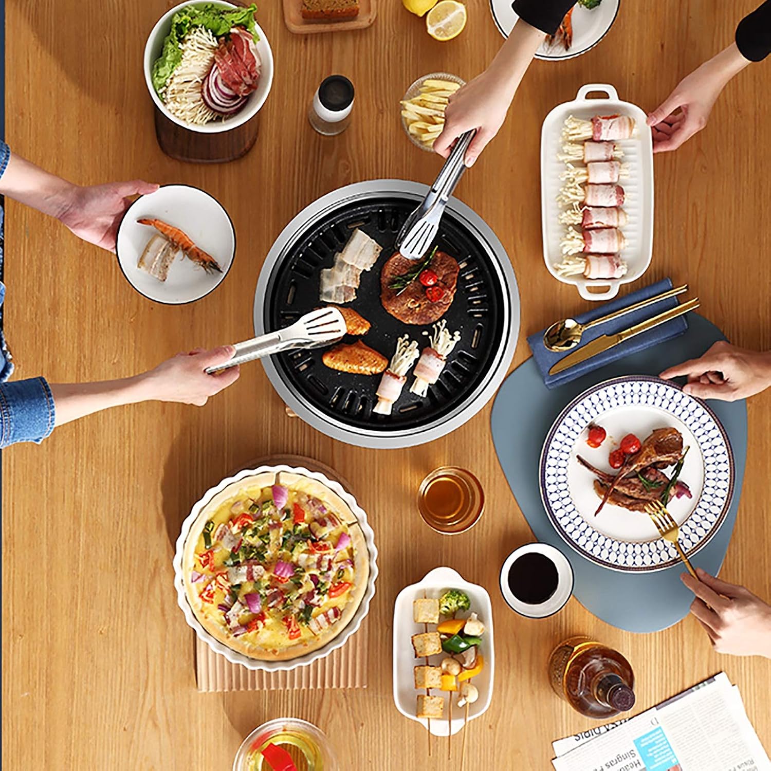 BBQ Barbeque Barbecue Grill, Charcoal Grill, Round Korean BBQ, Household Smokeless Skewers, 6-8 People, 40cm13.5cm (Color : A, Size : 40cm13.5cm)
