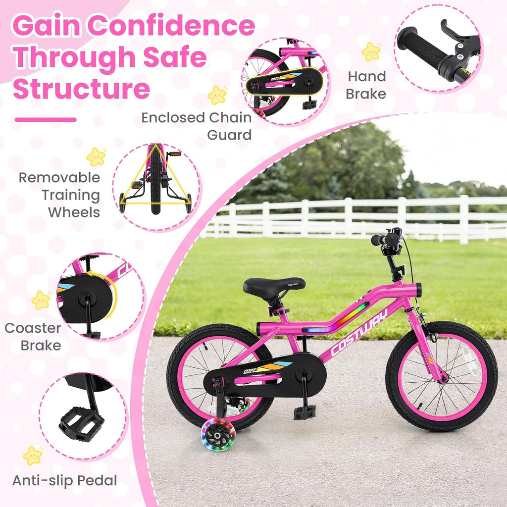 COSTWAY 16'/18' Lighted Kids Bike, Children Sport Bicycle with LED Light-up Frame, Adjustable Saddle, Training Wheels, Handbrake & Coaster Brake, Kids Riding Bike for 4-7/4-8 Years Old Boys & Girls