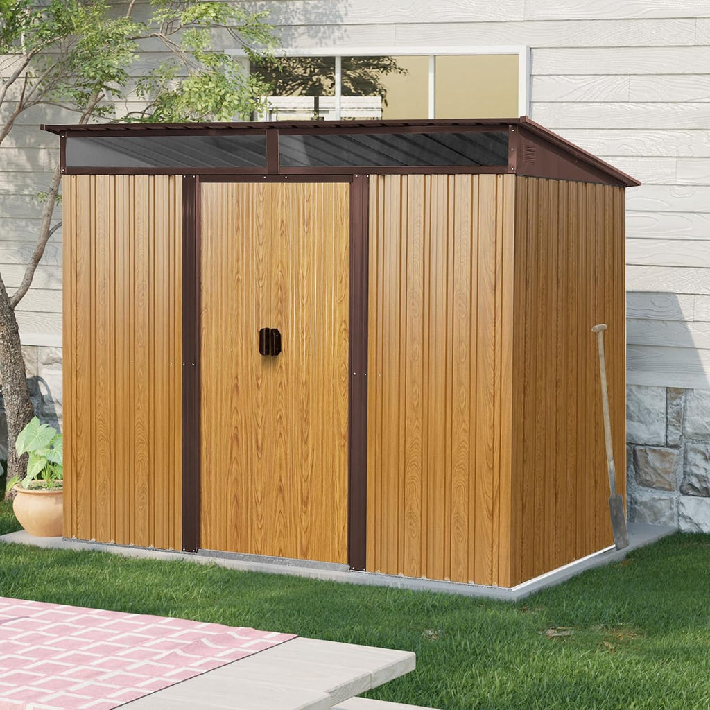 8x6 ft Outdoor Metal Storage Shed with Foundation Frame, Galvanized Steel Tool Shed with Lockable Sliding Door, Transparent Plate and Air Vent, Waterproof Garden Storage House for Backyard, Patio