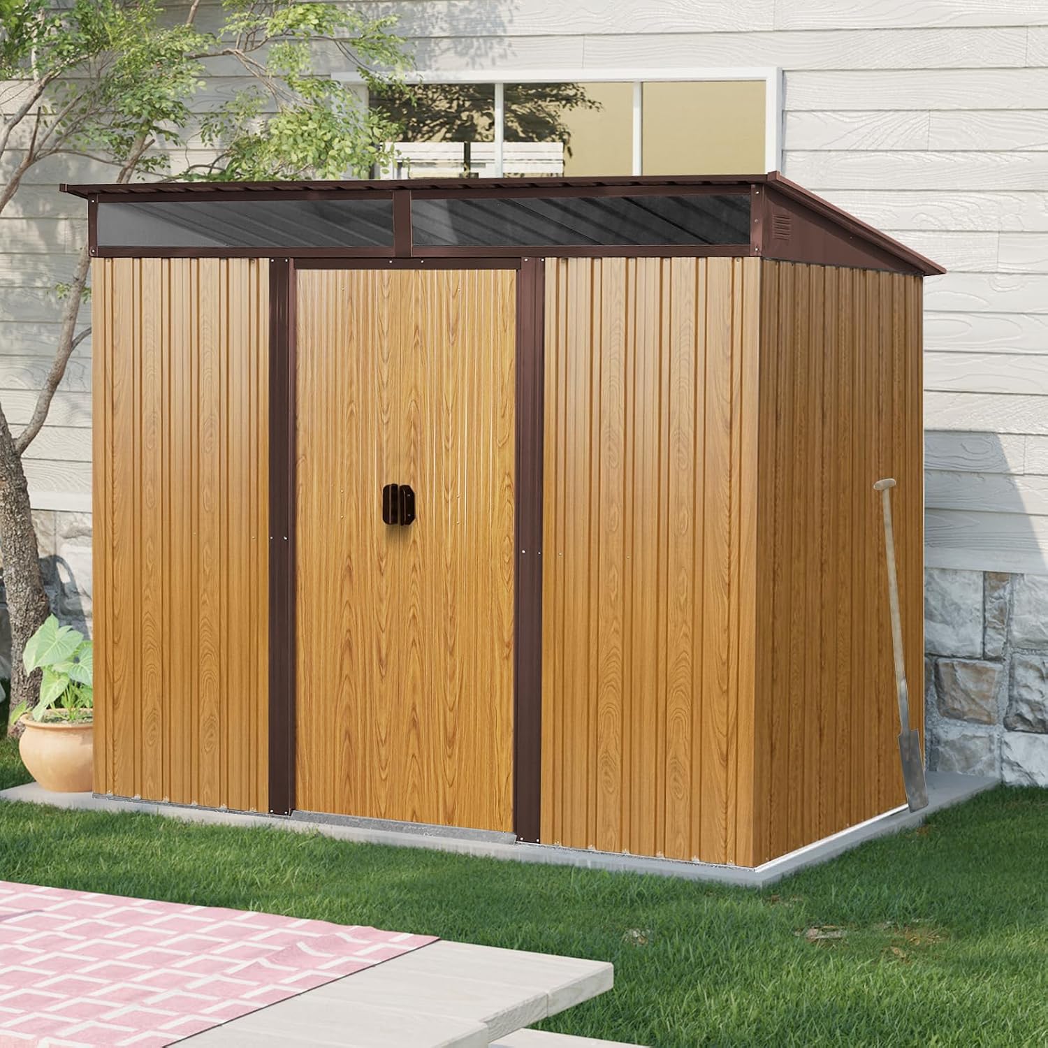 8x6 ft Outdoor Metal Storage Shed with Foundation Frame, Galvanized Steel Tool Shed with Lockable Sliding Door, Transparent Plate and Air Vent, Waterproof Garden Storage House for Backyard, Patio