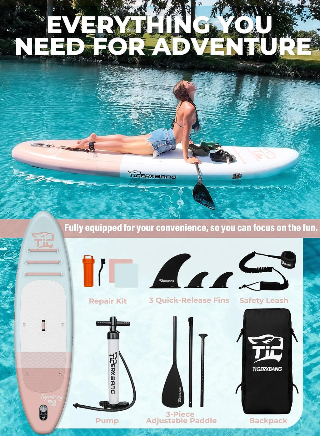 TIGERXBANG 11'6'/11'/10' Inflatable Paddle Board with Complete Accessories, Versatile Premium Paddle Boards for Adults/Youth, Stand Up Paddle Board Polar/Wave/Sunny Wave Collection