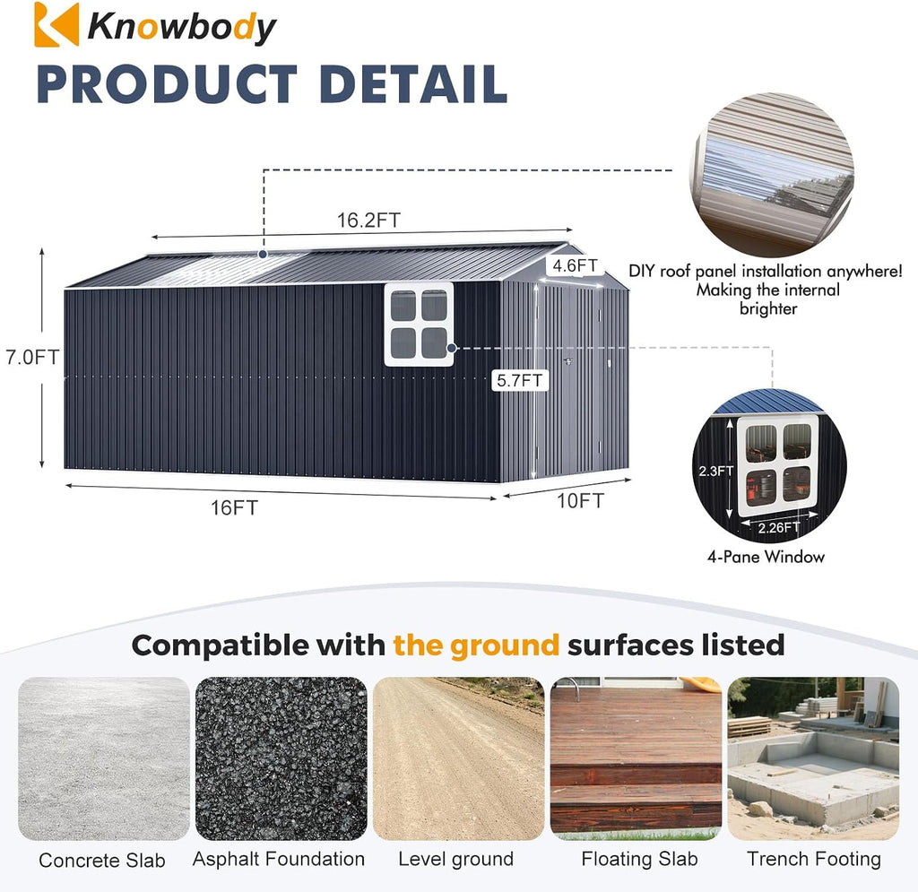 K Knowbody 10x16 FT Heavy Duty Metal Shed, 20-Gauge Reinforced Frame with Powder Coating, 50 PSF Snow Load & 120 MPH Wind Rated, Large Outdoor Storage Building with Skylight for Garden & Bike