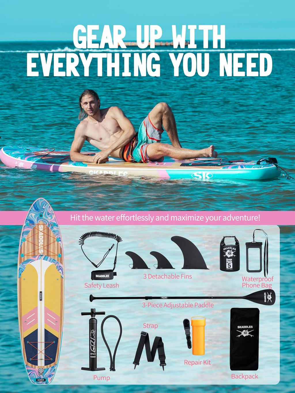 11' Inflatable Stand Up Paddle Board – Extra Wide SUP for Adults & Kids of All Skill Levels, Stable Paddleboard with Pump, Fins, Backpack, Accessories & Waterproof Phone Pouch