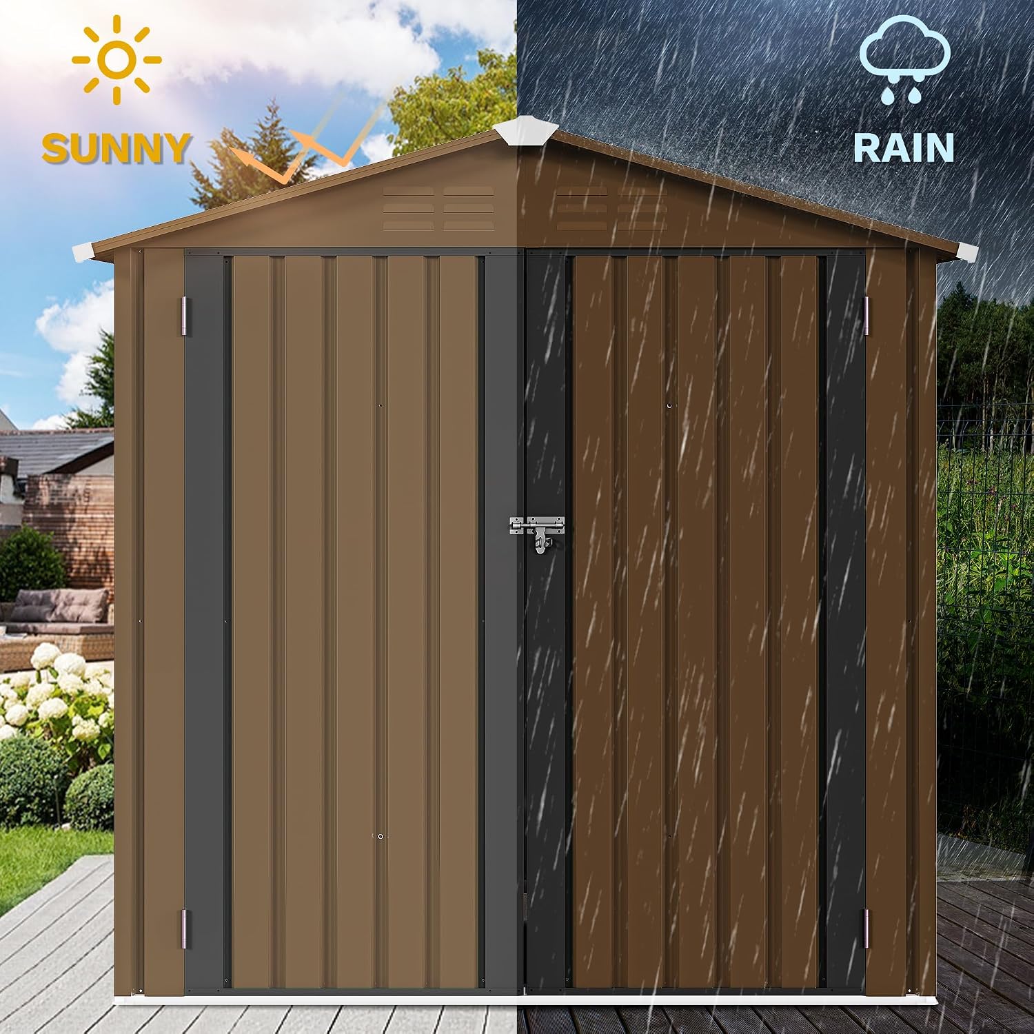 DWVO 6x4ft Outdoor Storage Shed, Lockable Metal Tool Storage Sheds, Waterproof Garden Sheds with Vents for Backyard, Patio, Garage, Lawn, Brown