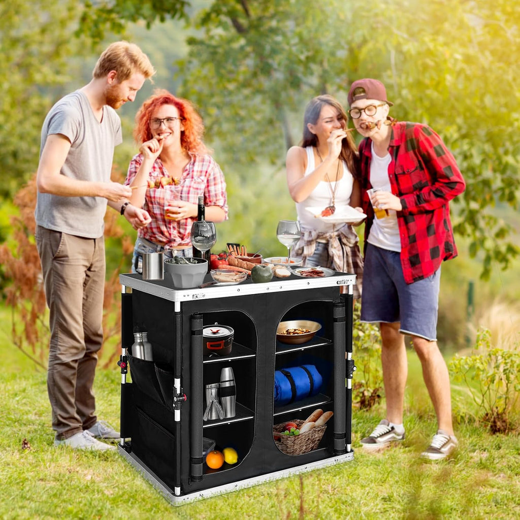 EAGLE PEAK Double Folding Camping Table with Storage Organizer and Side Pockets, Portable Outdoor Portable Camping Table for BBQ, Picnic and Tailgating, Carry Bag Included, Black