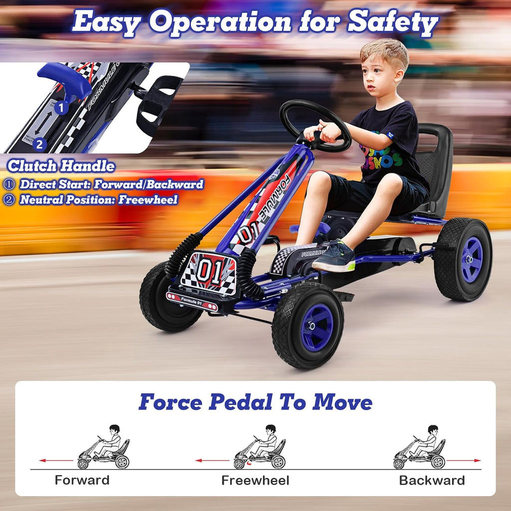 HONEY JOY Go Kart for Kids, 4 Wheel Quad Off-Road Pedal On Foot Go Cart w/Steering Wheels & Adjustable Seat, 2 Safety Brakes, EVA Tires, Clutch, Outdoor Racer Ride On Pedal Car (Blue)