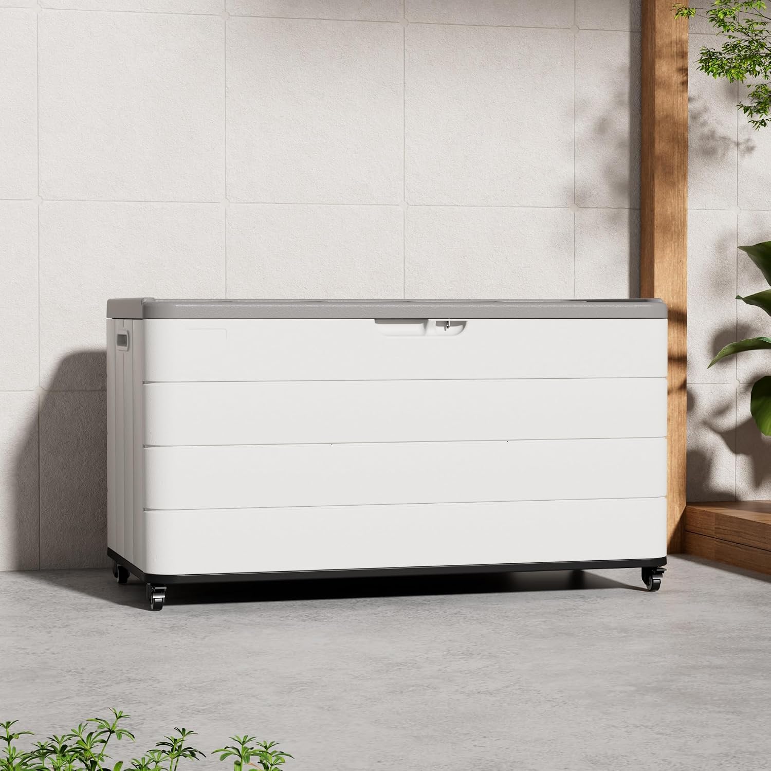 Mrosaa 110 Gallon Deck Box Waterproof with Wheels - Mobile Double-Wall Resin Outdoor Storage Box for Patio, Pool, & Garden - Lockable Deck Storage for Cushions, Pool Floats, Boat Slip (Off-White)