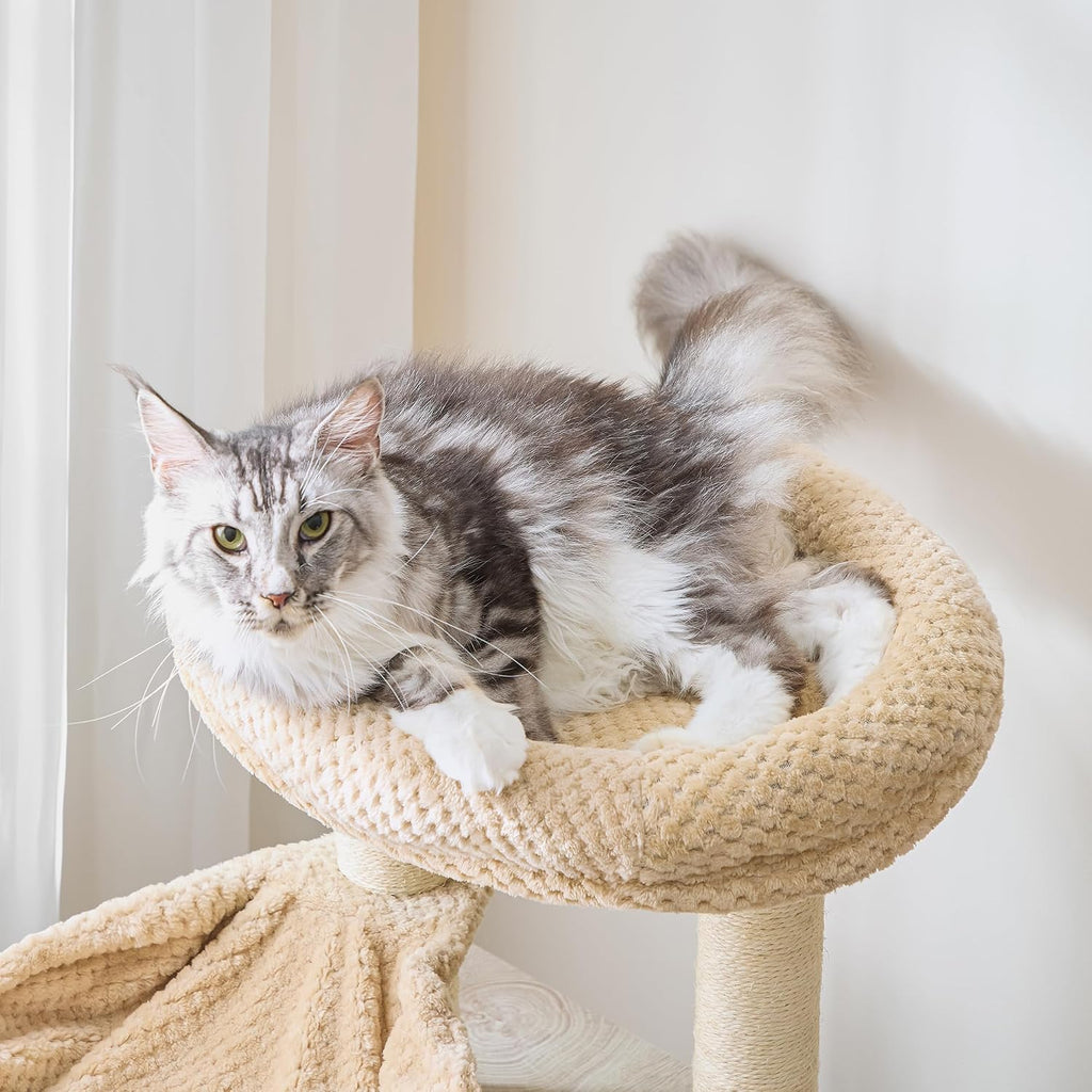 IRONCK Litter Box Enclosure with Cat Tree, 46' Hidden Litter Box with Sisal Scratching Ladder and Storage, Modular Wooden Litter Box Furniture with Condo and Platform, All-in-one Cat Tower, Greige