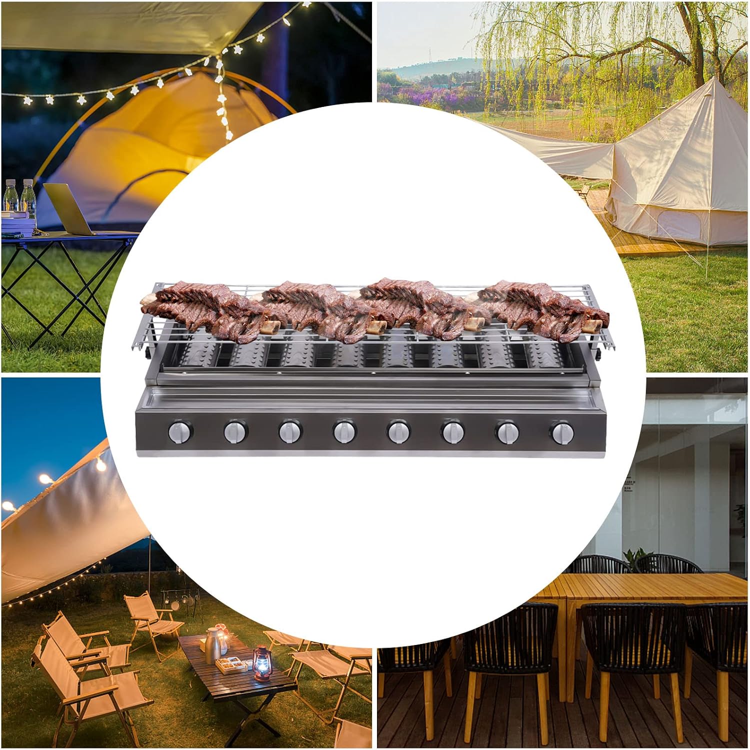 8-Burner Gas Grill, Commercial Tabletop LPG Gas BBQ Grill 8 Independent Switches Gas Grill - Adjust the Height of the Grill for Outdoor BBQ Party or Backyard Cooking, Black