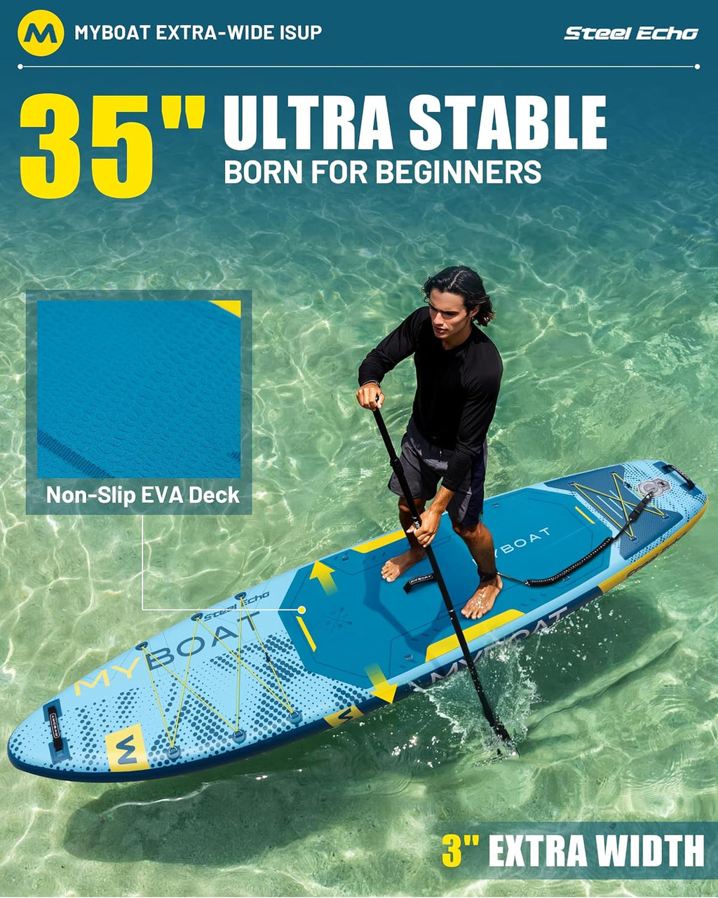 MYBOAT 11'6' Extra Wide Inflatable Paddle Board, 450LB Max Capacity Stable SUP for 2-3 People, Non-Slip Stand Up Board for Beginners & Fishing, Versatile 15 D-Rings, Dual Bungee, 3-Fin Stability