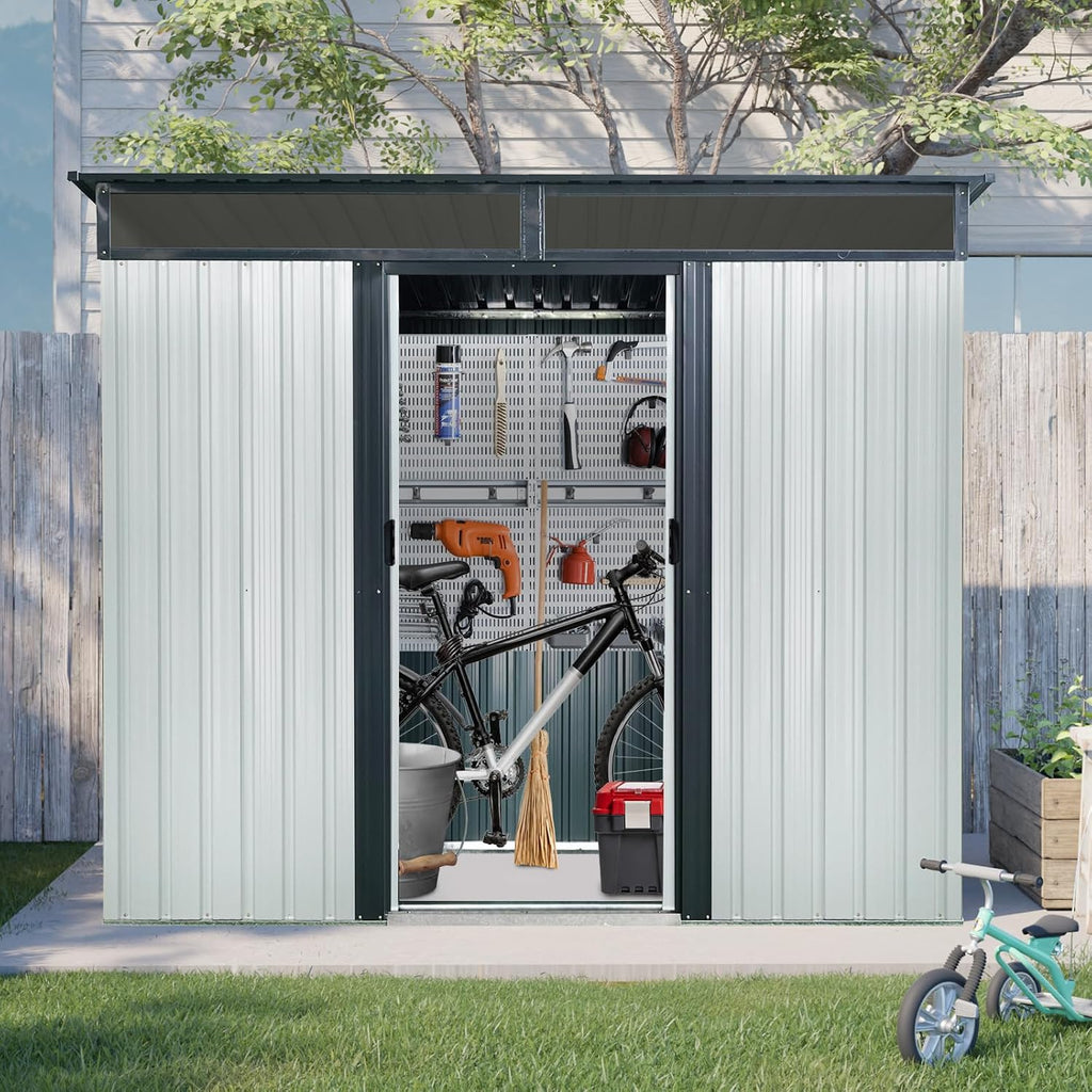 8x6 ft Outdoor Metal Storage Shed with Floor Floor and Window, Lockable Galvanized Steel Tool Shed with Sliding Door, Air Vent and Transparent Plate, Waterproof Garden Storage House for Backyard