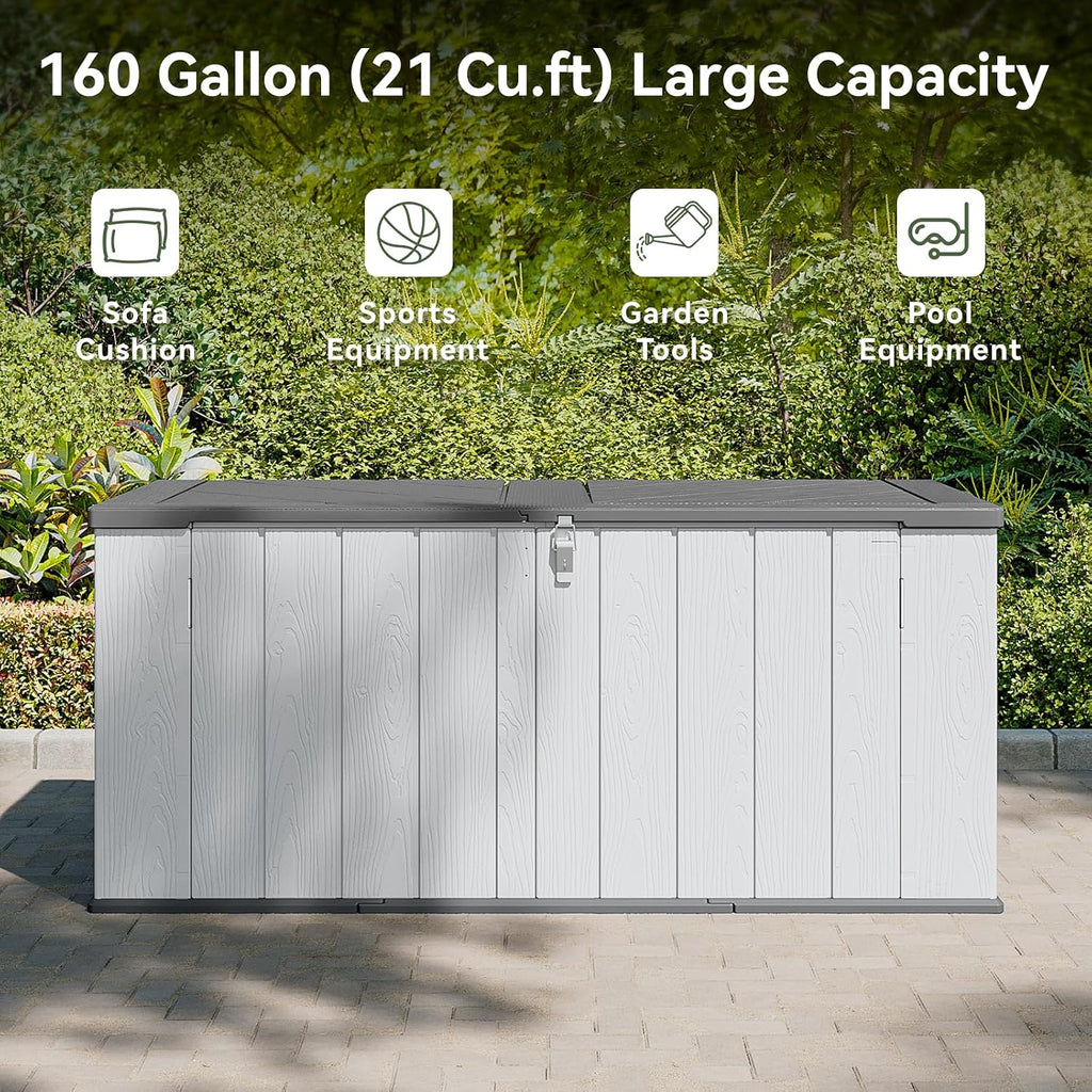 AOXUN Horizontal Storage Sheds 21 Cu.ft, HDPE Outdoor Storage Box 160 Gallon, Waterproof Lockable Resin Deck Box with Spring-Assisted Lid, Patio Storage for Garden, Pool, Cushions, Tools, White