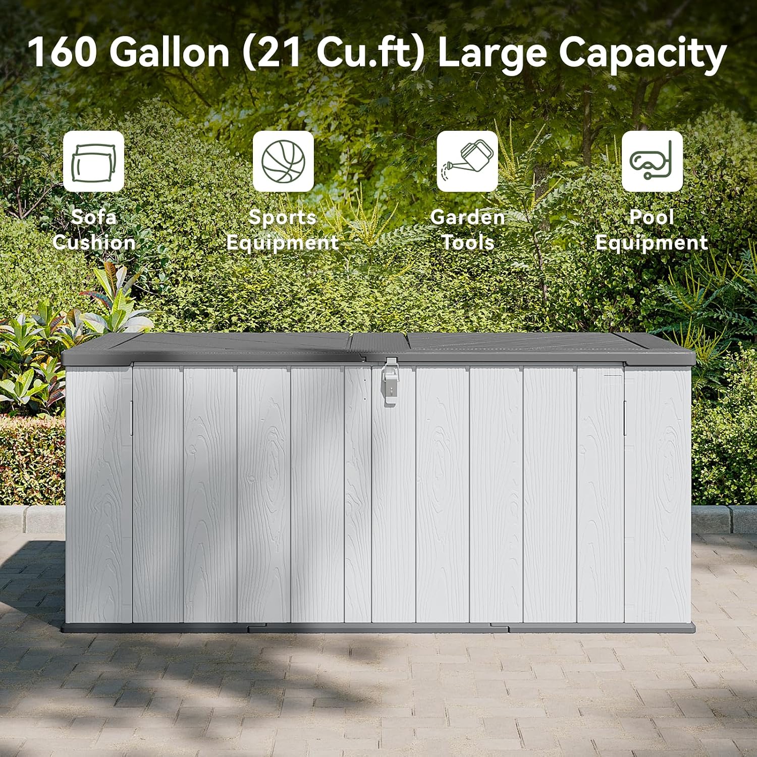 AOXUN Horizontal Storage Sheds 21 Cu.ft, HDPE Outdoor Storage Box 160 Gallon, Waterproof Lockable Resin Deck Box with Spring-Assisted Lid, Patio Storage for Garden, Pool, Cushions, Tools, White