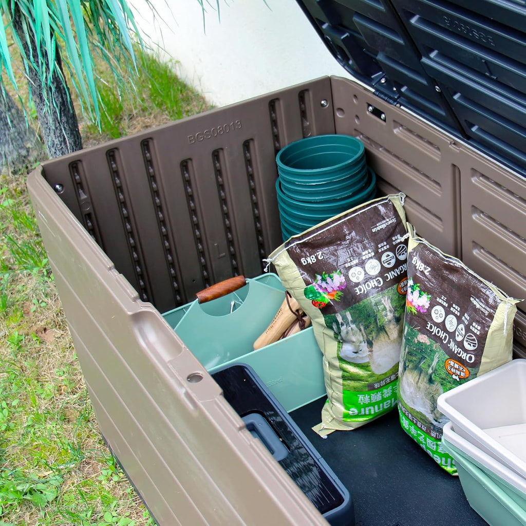 Mrosaa Resin Deck Storage Box, 85 Gallon Outdoor Storage Box Waterproof for Garden Storage,Patio and Backyard, Lockable Brown Color