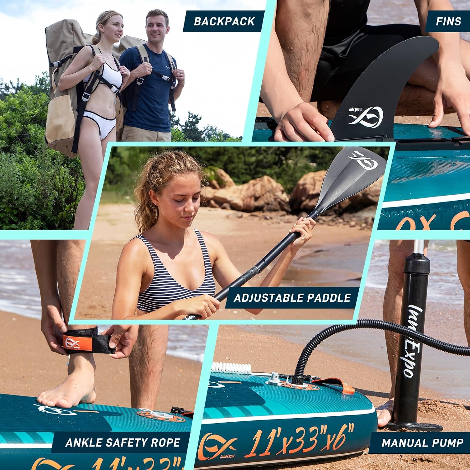 InnoExpo 11' Inflatable Stand Up Paddle Boards with Premium Accessories, Wide Stable SUP Paddle Board Design, Non-Slip Comfort Deck for Youth & Adults