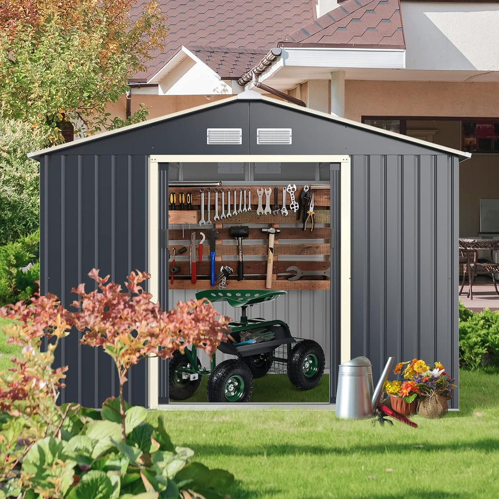 Goplus Outdoor Storage Shed, 9' X 8' Metal Garden Shed with 4 Vents & Double Sliding Door, Utility Tool Shed Storage House for Backyard, Patio, Lawn