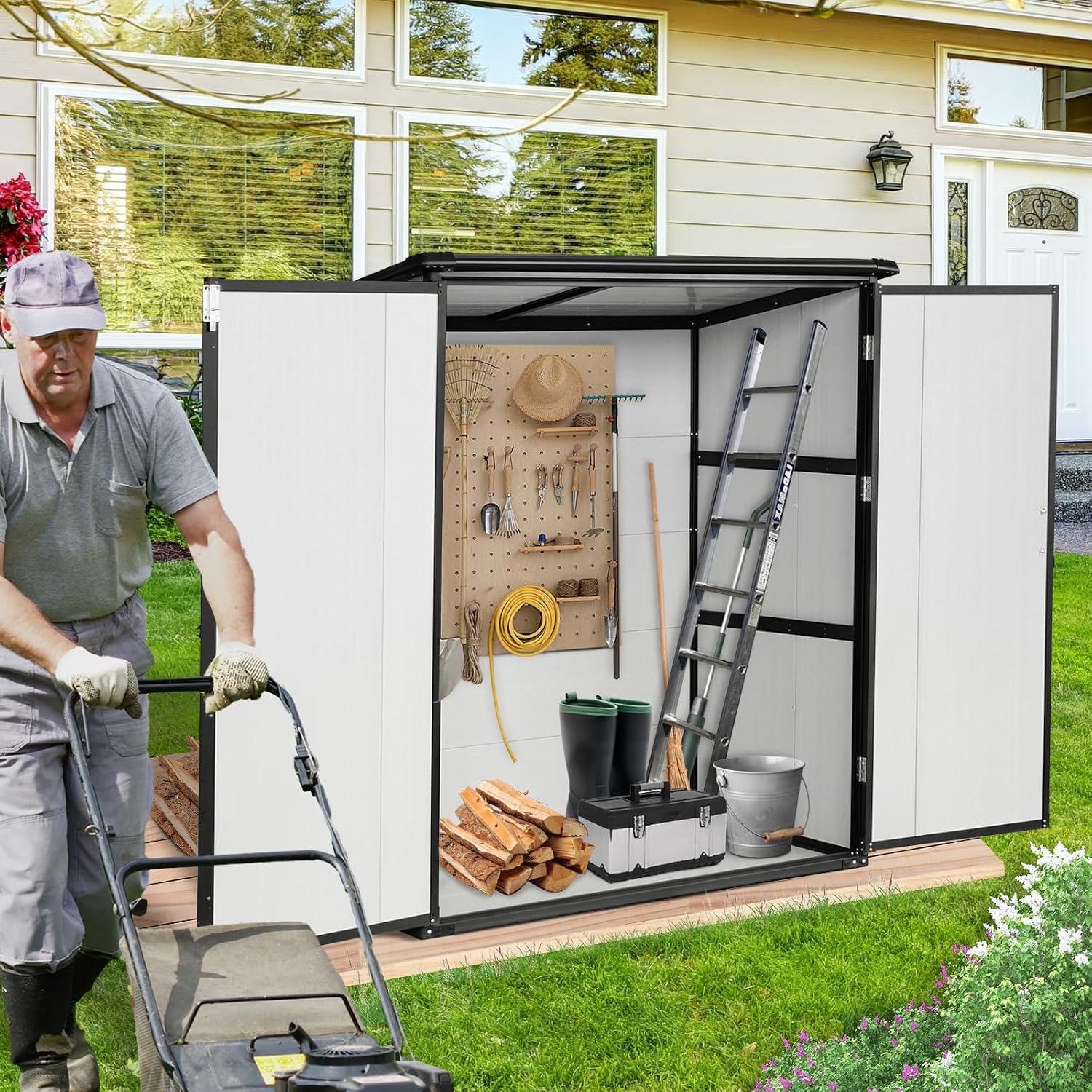 KEIKI 5x3 FT Outdoor Storage Shed Waterproof Resin Cabinet Polypropylene Frame with Lockable Doors for Bikes and Patio Furniture Tools