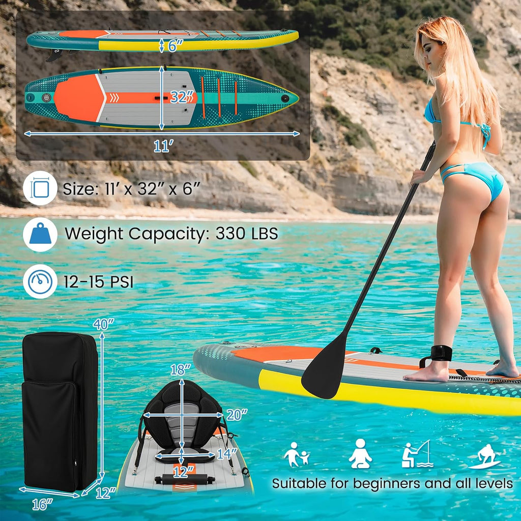 GYMAX Paddle Board, Inflatable SUP with Kayak Seat, Camera Mount, Direction Fin Paddle & Carry Backpack, Extra Wide Below Up Stand Up Paddle Boards for Adults & Youth Floating Fishing Water Exploring