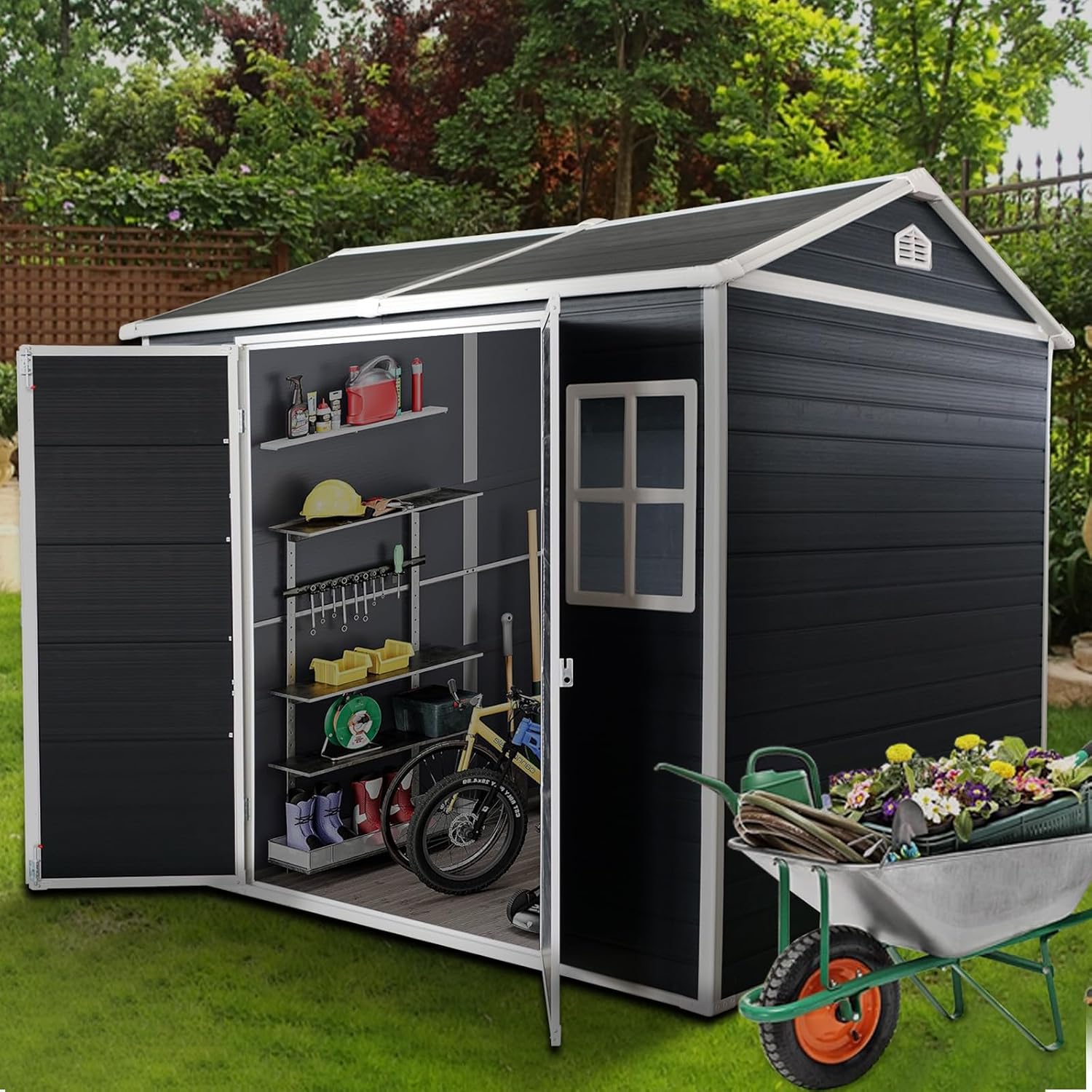 8x4FT Plastic Sheds & Outdoor Storage, Resin Shed with Floor, Plastic Storage Shed with Double Lockable Doors, Windows & Steel Frame, Lawn Mower Shed for Backyard/Garden Tools/Bike (8x4FT)