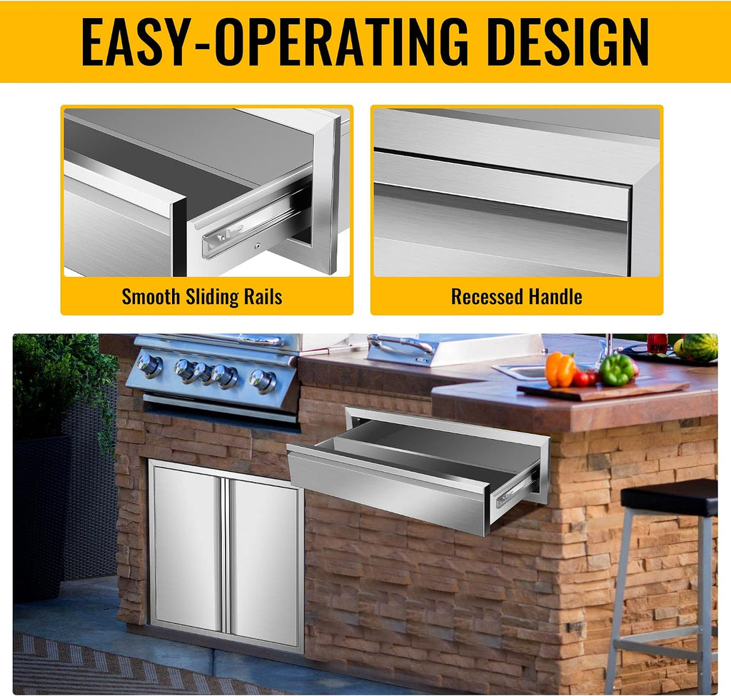 Outdoor Kitchen Drawers, 30W x 6.5H x 23D Inch Stainless Steel Flush Mount BBQ Single Drawer for Outdoor Kitchen Island, or Patio Grill Station