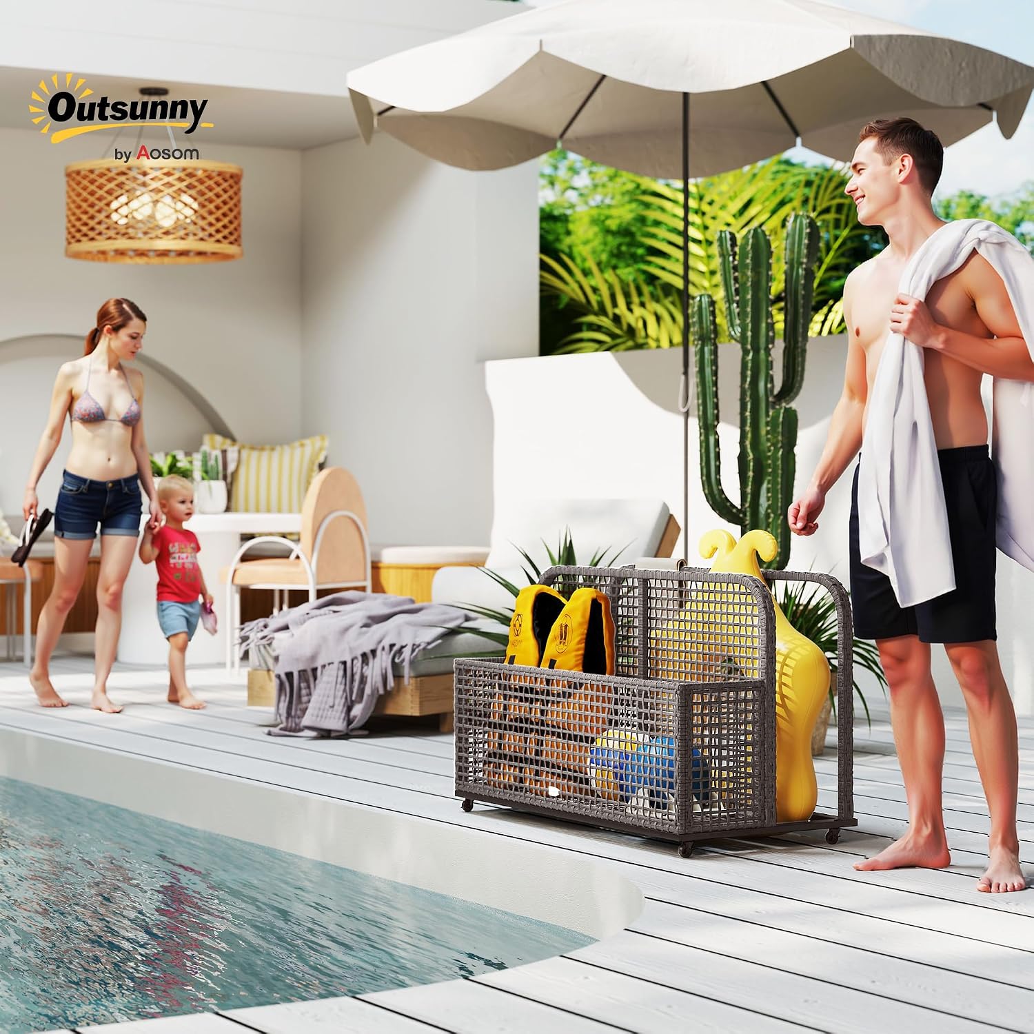 Outsunny Patio Wicker Pool Float Storage with Wheels, Outdoor Rolling PE Rattan Pool Caddy, Includes Compartment and Basket, for Pool, Garden, Deck, Light Gray