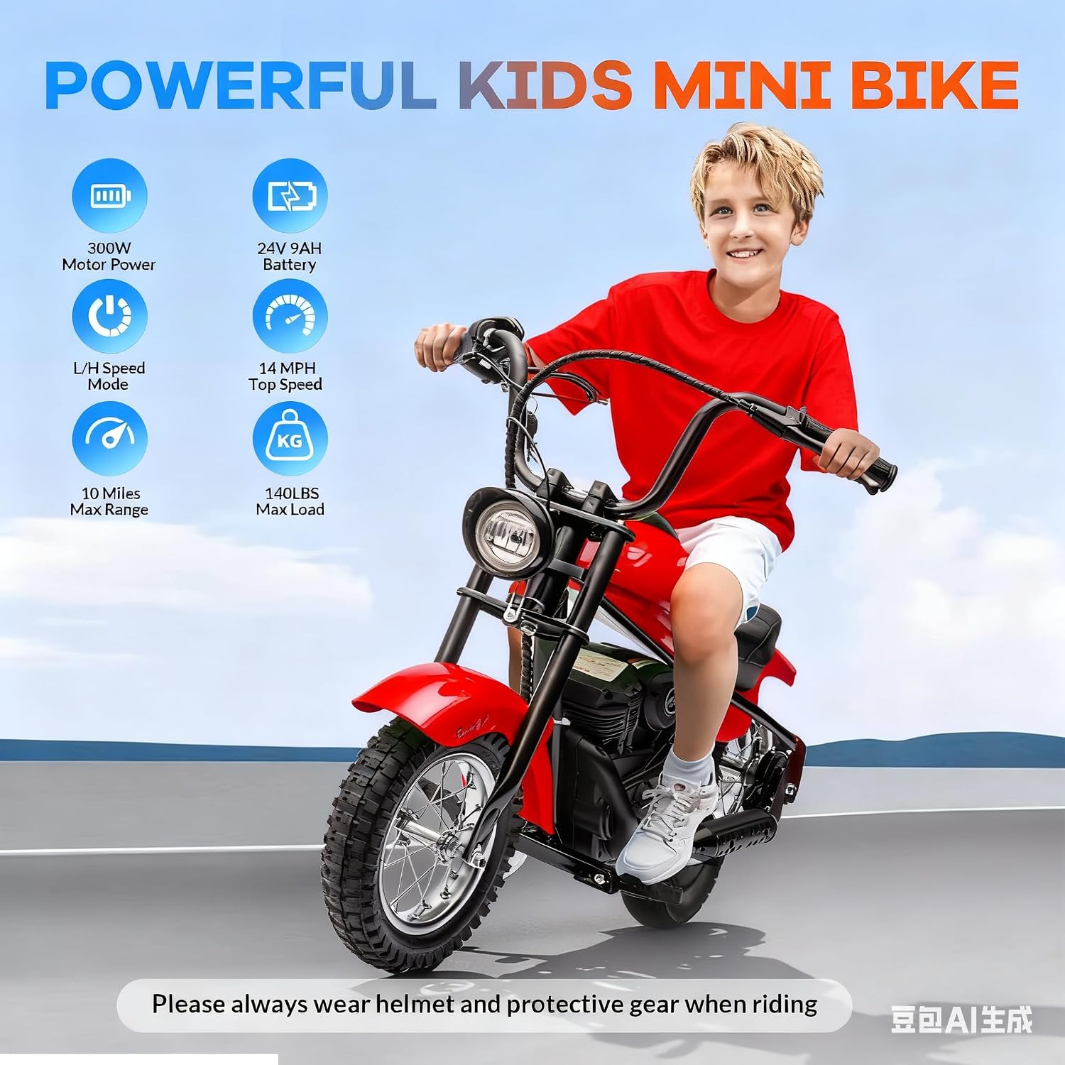 GarveeLife Electric Dirt Bike, 15 Mph & 150lb Max, 24V Ride On Toy for Big Kids w/Led Lights & Power Display, 300W Chain-Driven Motor, Two Speed, Handbrake, Leather Seat, 12' Air-Filled Tires, Red