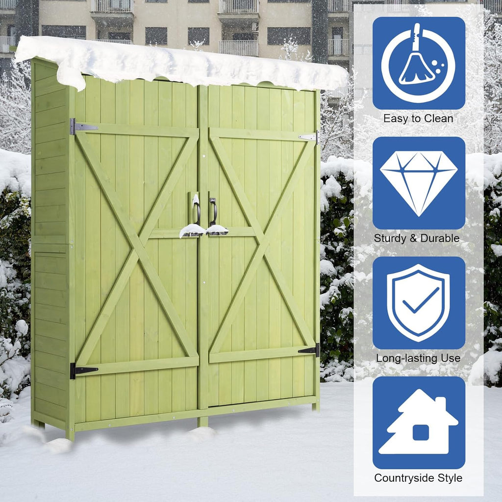 Outvita Outdoor Storage Cabinet with Waterproof Roof, Double Lockable Doors Garden Shed with 2 Removable Shelves, Wooden Storage Shed with Large Storage Space for Yard Garge Patio Deck Porch（Green）