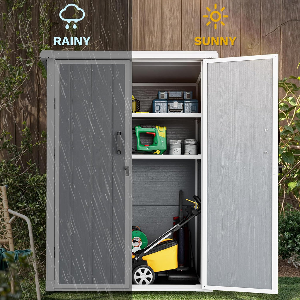 DWVO Outdoor Tall Storage Shed 60 Cuft with 2 Shelves, 5X3FT Vertical Tool Shed with Floor & Lockable Doors, Sturdy Double-Wall Plastic Cabinet for Garbage Cans and Garden Storage