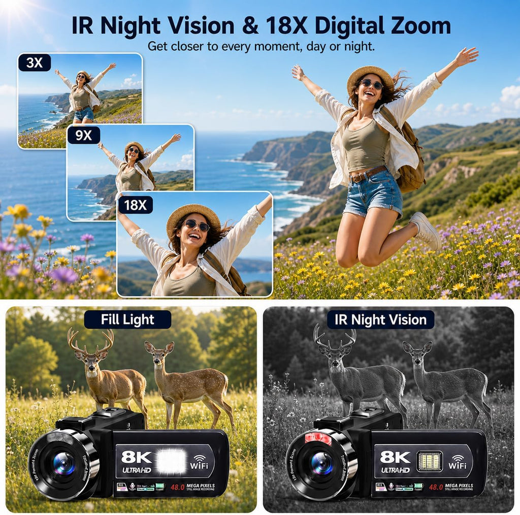 Video Camera, 8K Camcorder 48MP 15FPS UHD WiFi Vlogging Camera with IR Night Vision for YouTube, 3' Touch Screen 18X Digital Zoom, with Fill Light, Mic, Stabilizer, Lens Hood, Remote and 2 Batteries