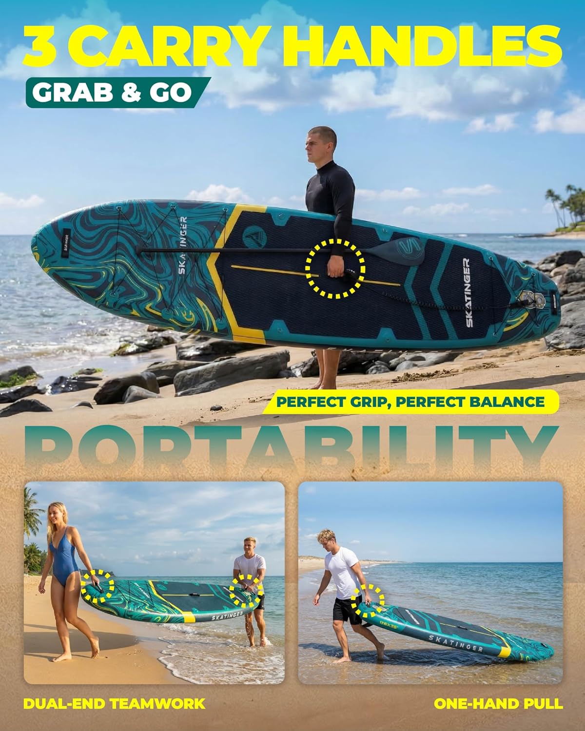 Skatinger 11'6×35' Super Wide Inflatable Paddle Board, Ultra Stable Stand Up Paddleboards for 450lb/3 People/Family/Big Size w/Shoulder Strap, 100L Backpack, Ultra-Light All-Round Sup Board