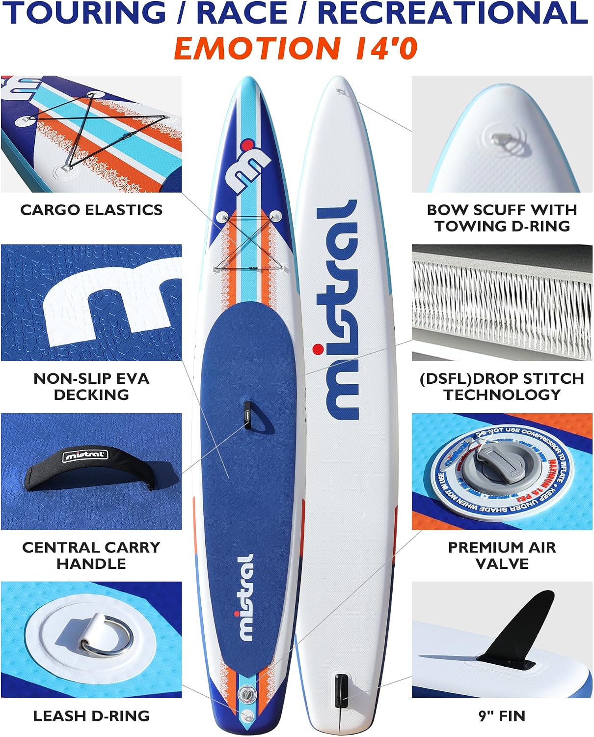 Mistral Stand Up Inflatable Paddle Board Racing & Touring Board 13'2'/ 14' Race Board, Backpack with Wheels, Durable ISUP for Youth & Adult, w/Premium SUP Accessories