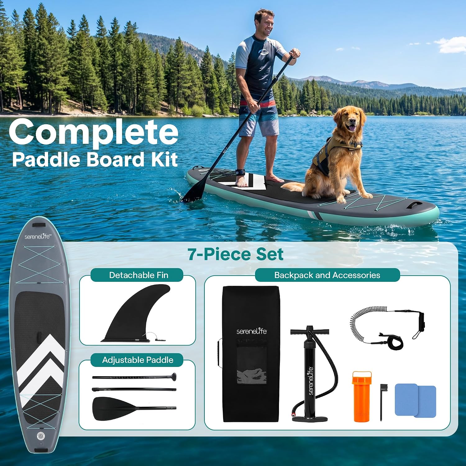 SereneLife Ultra-Light Inflatable Stand Up Paddle Board with Premium SUP Accessories - Extra Wide Stable Design with Non-Slip EVA Deck Pad for Youth and Adults of All Skill Levels - 350 lbs Capacity