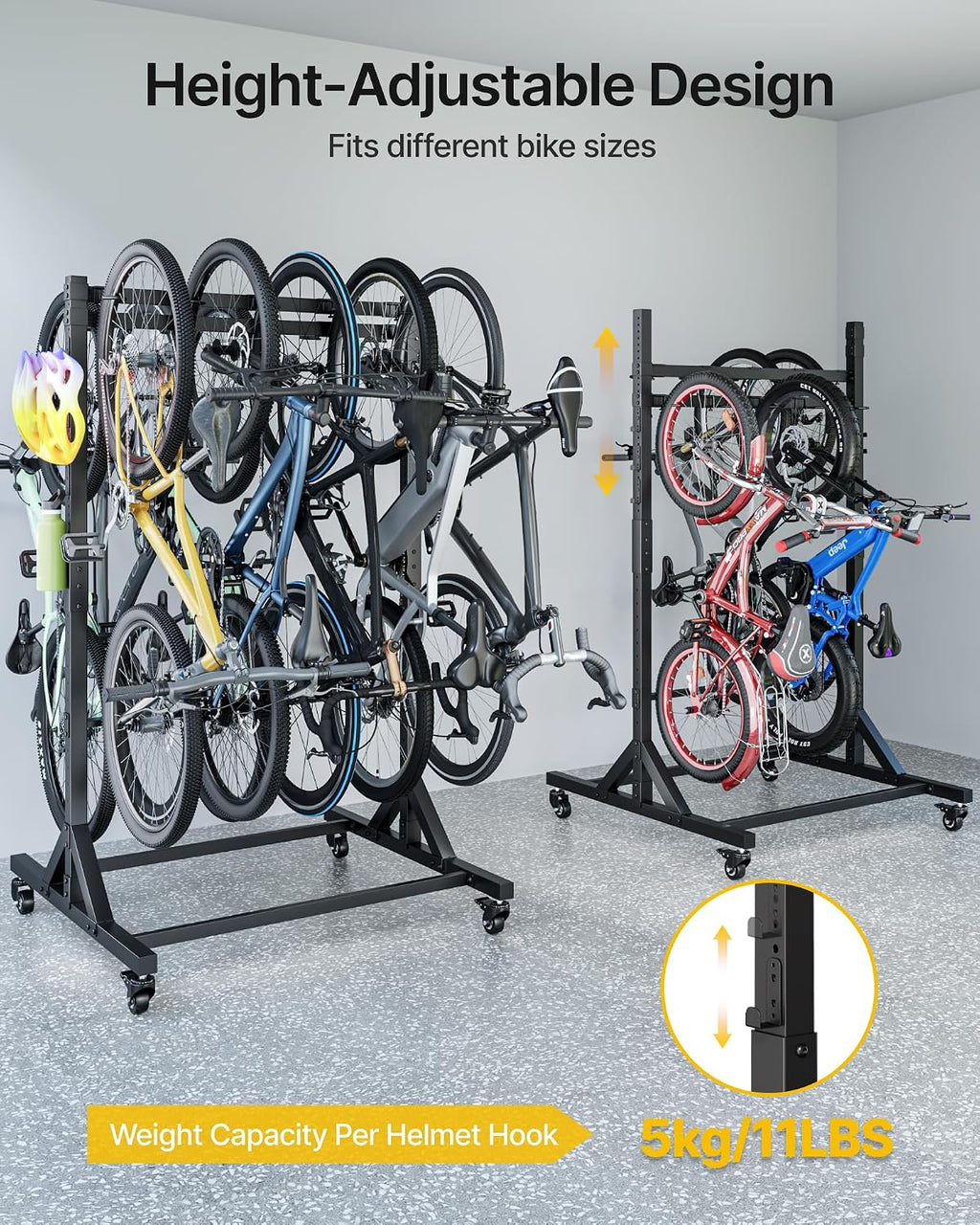 monTEK Freestanding Bike Storage Rack for 10 Bikes, Heavy Duty 617LBS Vertical Bike Stand with 10 Bike Hooks & 6 Helmet Hooks, Indoor and Outdoor Bike Storage Rack with Locking Casters