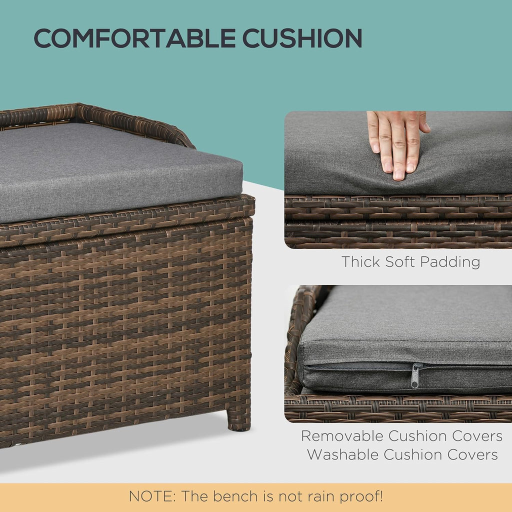 Outsunny 38 Gallon Outdoor Wicker Storage Bench Deck Box, PE Rattan Patio Furniture Pool Storage Bin Container with Interior Waterproof Cloth Bag and Comfortable Cushion, Cream White