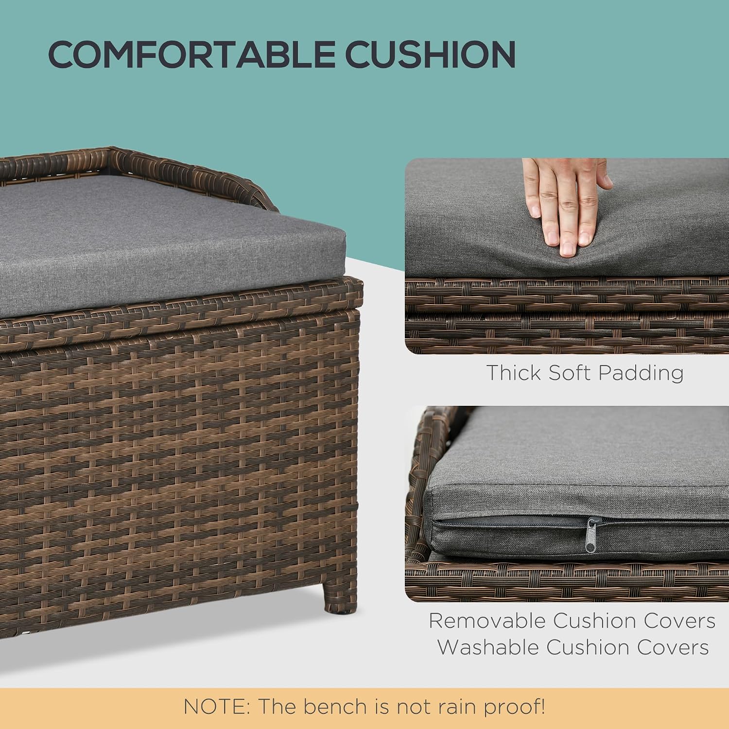 Outsunny 38 Gallon Outdoor Wicker Storage Bench Deck Box, PE Rattan Patio Furniture Pool Storage Bin Container with Interior Waterproof Cloth Bag and Comfortable Cushion, Cream White