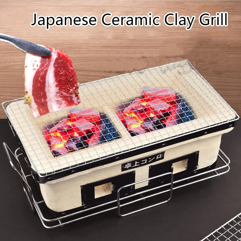 Japanese Ceramics Charcoal BBQ Grill Portable Yakitori Stove with Food Tongs Tabletop Household Barbecue Tools for Camping, Outdoor, Indoor