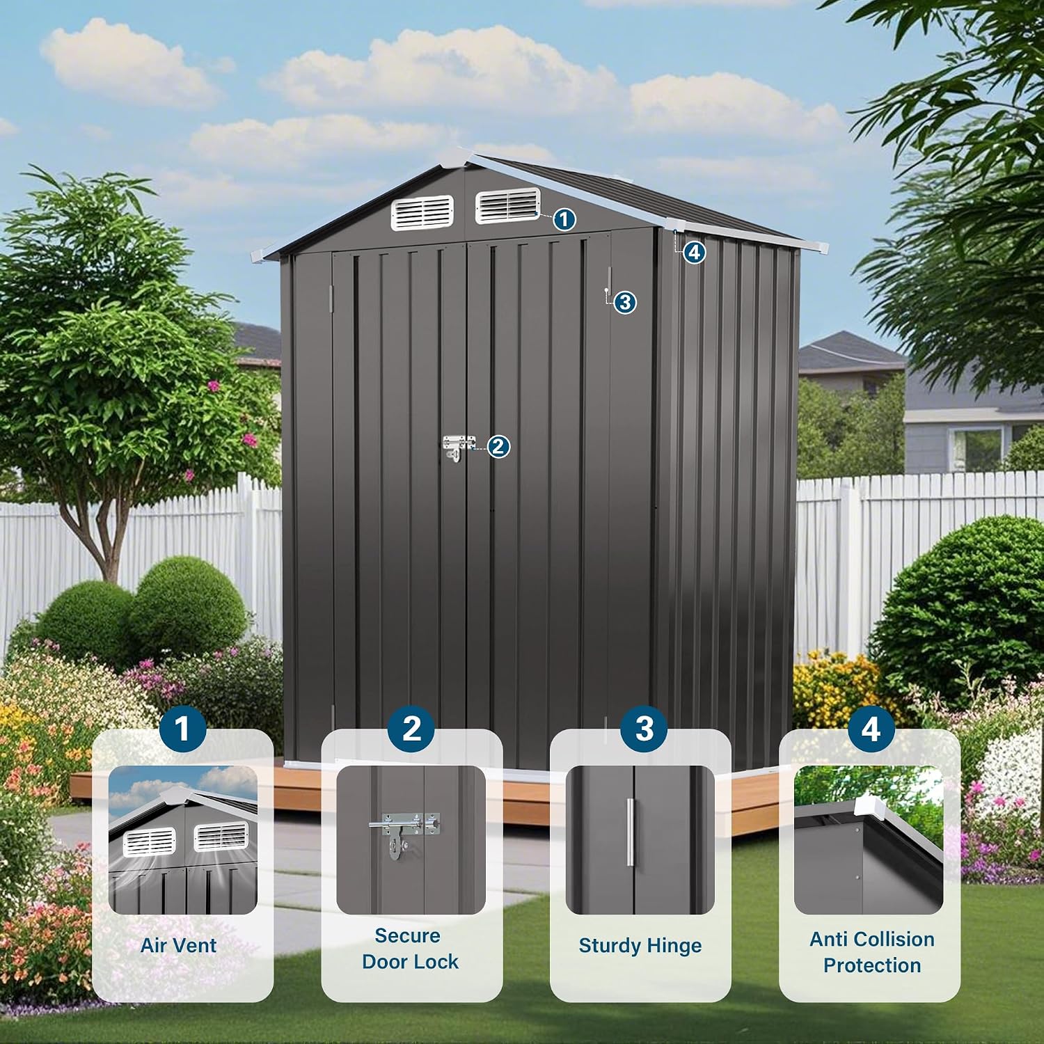 5X3 FT Metal Storage Shed, Tool Shed Outdoor Storage with Peaked Roof Waterproof and Clear Window, Metal Storage Shed with Lockable Door, Galvanized Steel Outdoor Shed for Backyard Patio,Gray