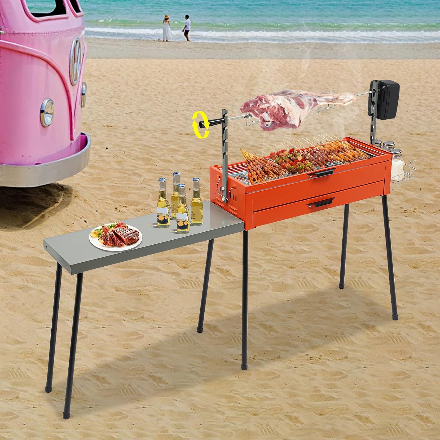 Barbecue Grill, 4W 220V Portable Charcoal Grills Height Adjustable Charcoal BBQ Grill Stainless Steel Chicken Grills Barbecue Tools with Side Table for Grilling Vegetables, Chicken Thighs, Steaks