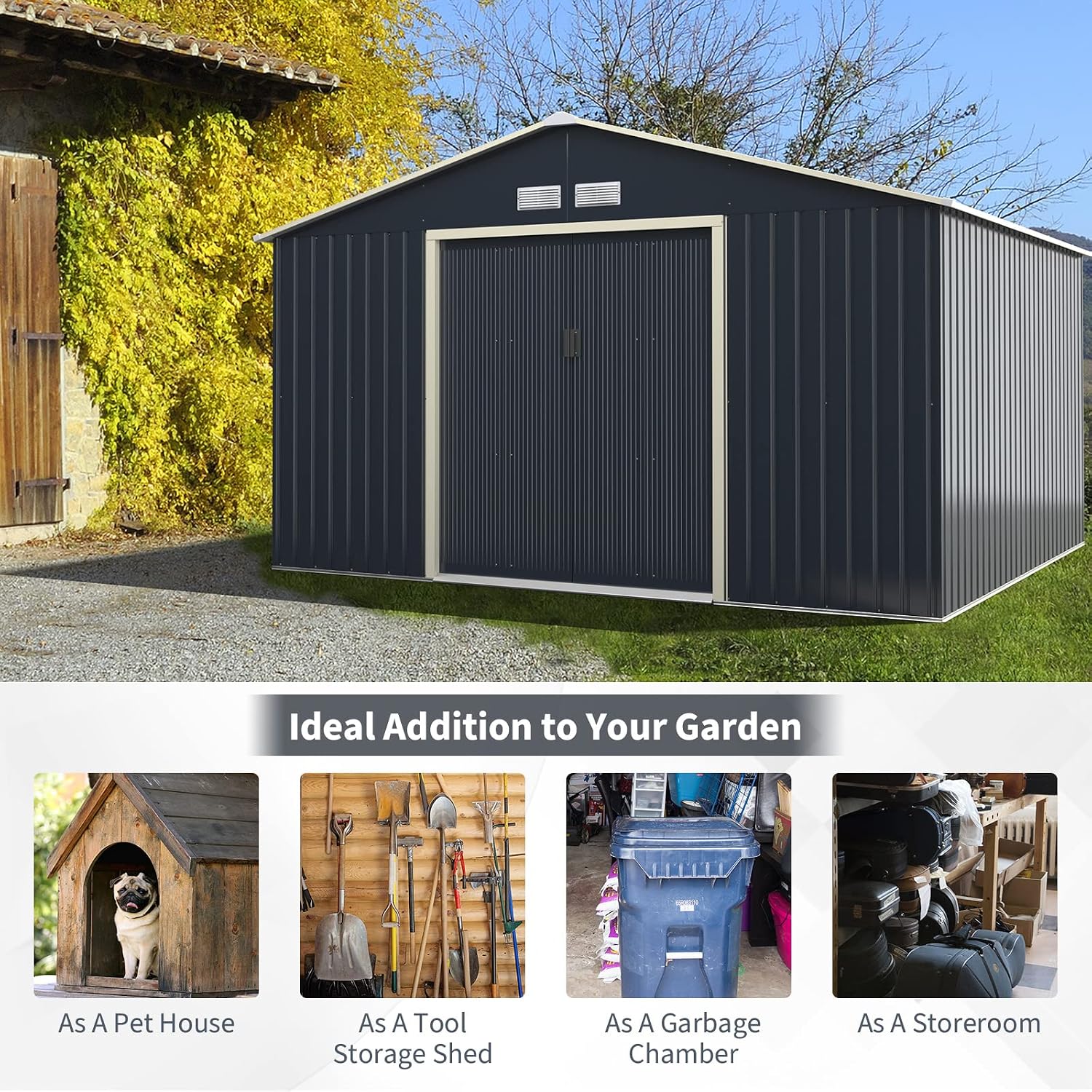 Goplus Storage Shed, Metal 11' X 10' Outdoor Building Organizer with 4 Vents & Double Sliding Door for Garden Backyard Farm (11'X10')