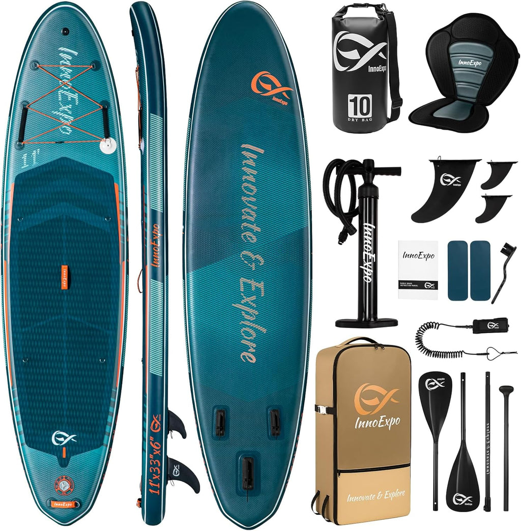 InnoExpo 11' Inflatable Stand Up Paddle Boards with Premium Accessories, Wide Stable SUP Paddle Board Design, Non-Slip Comfort Deck for Youth & Adults