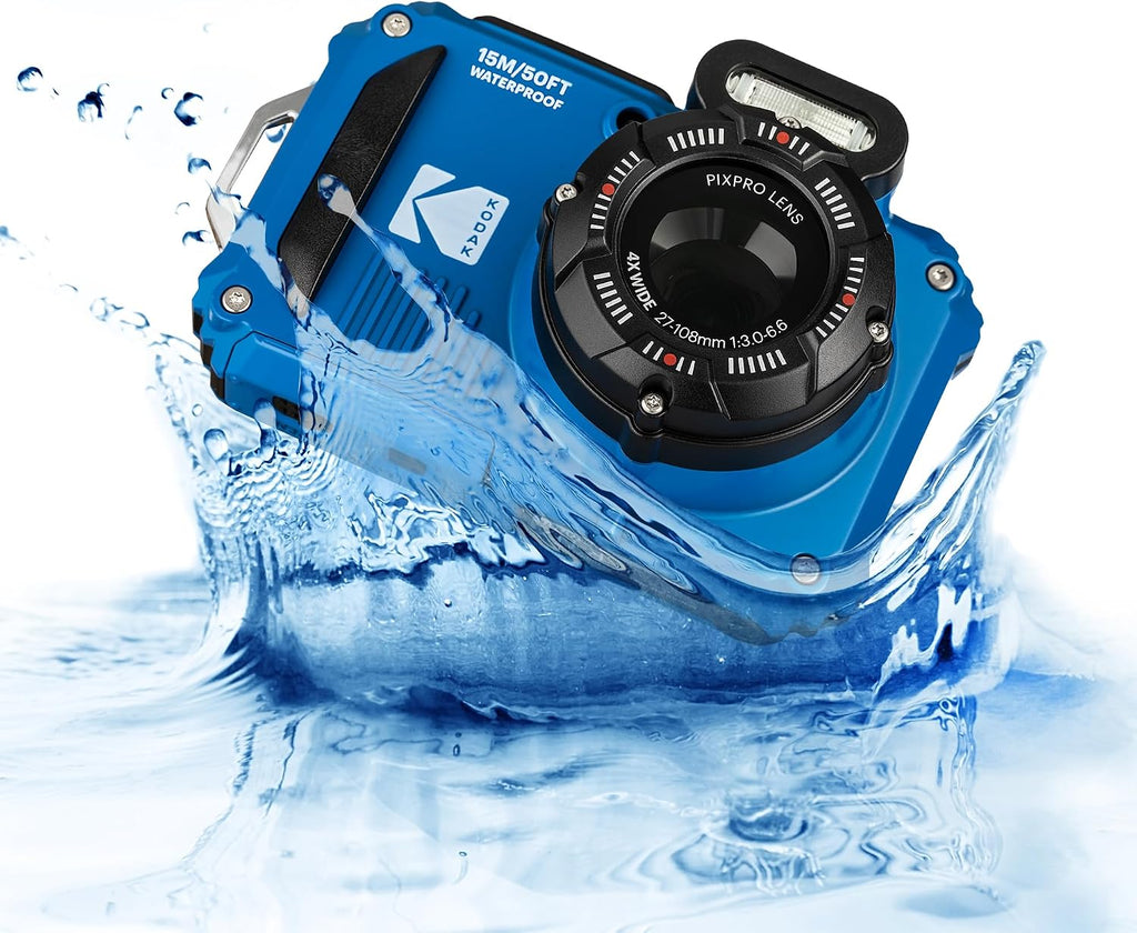 Kodak PIXPRO WPZ2 Digital Camera (Blue) | Waterproof, Shockproof & Dustproof Camera with 16MP Sensor, 1080p Video & 4X Optical Zoom | Travel & Outdoor use + 2X 32GB Card + Vlogger Tripod + Bag + More